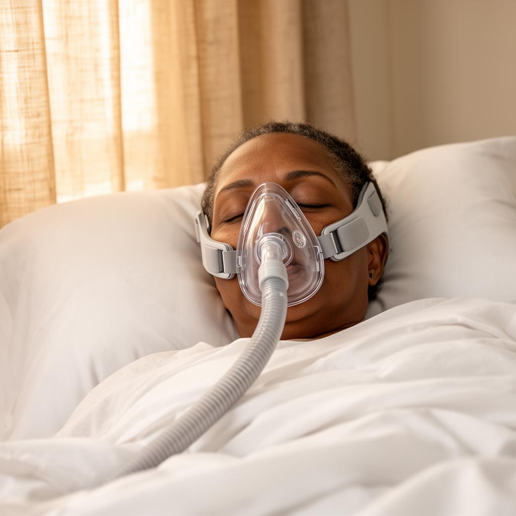 Patient resting peacefully in bed wearing a modern CPAP mask
